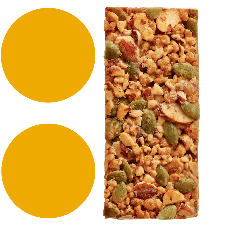 A Ratio : Lemon Almond Crunchy Bar next to 2 bright yellow circles stacked on top of each other.